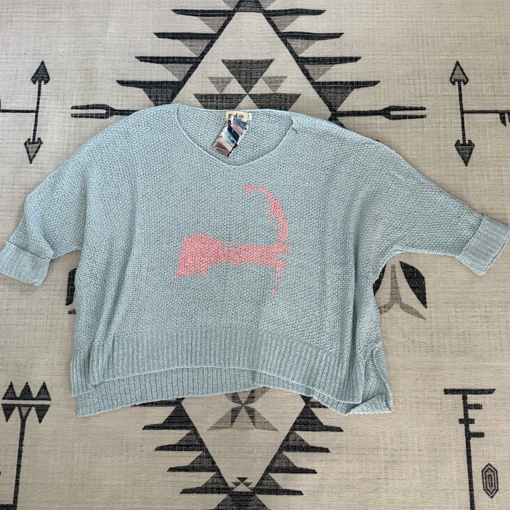 NWT "Beach Life" Cape Cod Map Blue Slouchy Knit Sweater, One Size XL-2XL